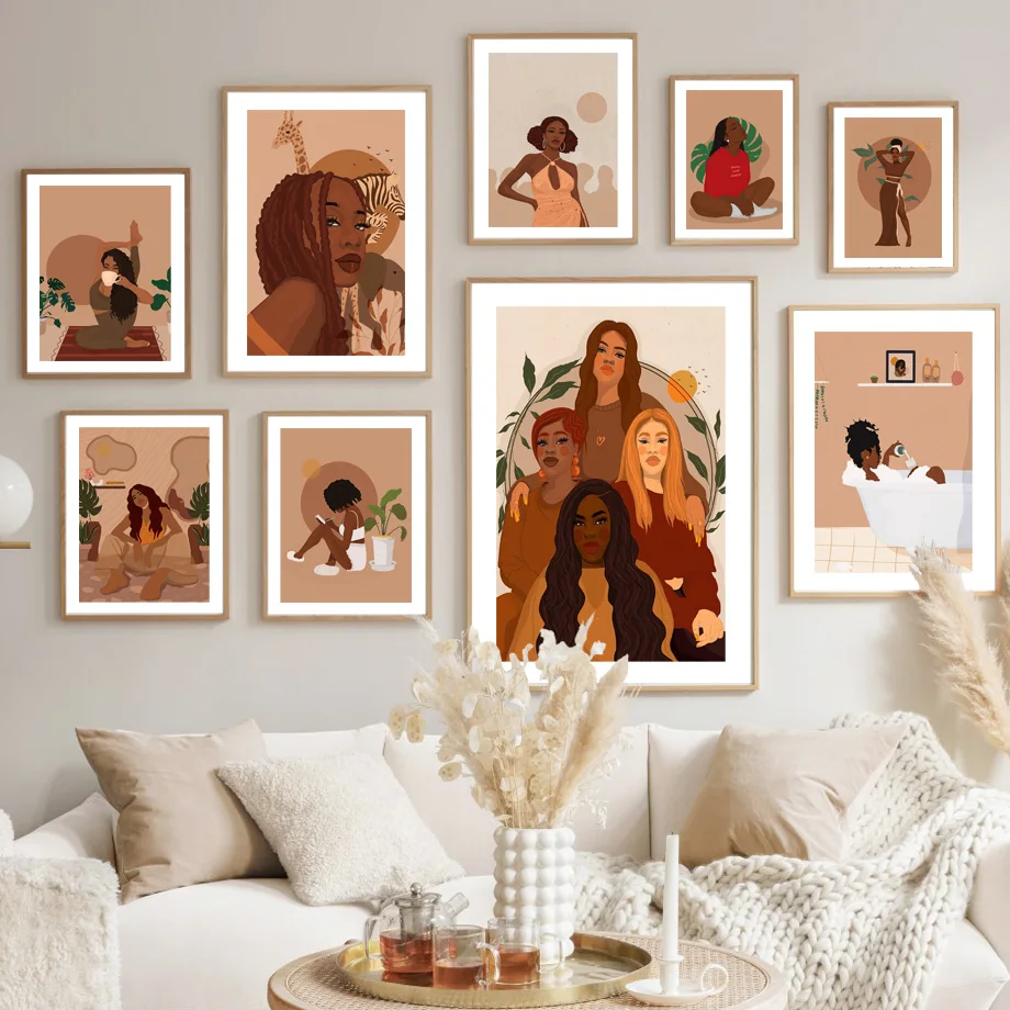 

Abstract Black Girl Nordic Poster Fashion Reading Yoga Drinking Wall Art Print Canvas Painting Decor Pictures For Living Room