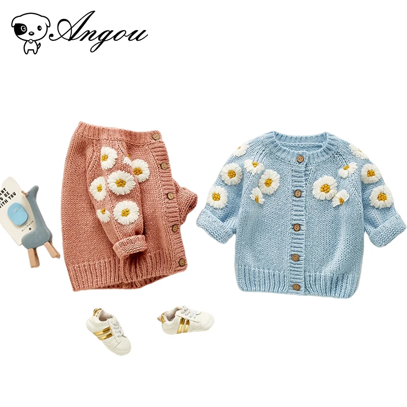 Angou Knitting Embroidered Cardigan Baby Girls Sweater Coat Daisy Flower Long Sleeves Sweet Spring Toddler Baby Girl Clothes