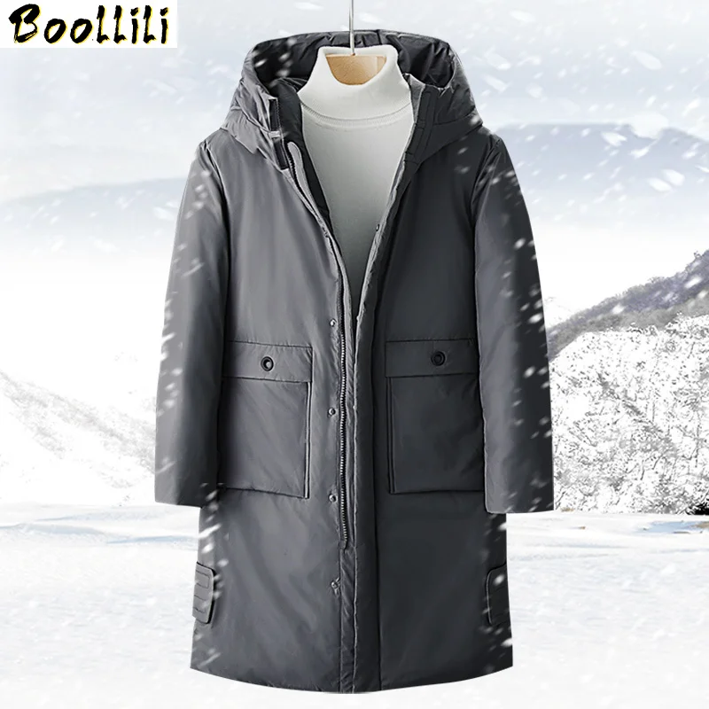 Clothing Brand Men's 2023 Winter New Down Jacket Fashion Casual Slim Hooded Thick Warm White Duck Down Long Coat Male 4XL
