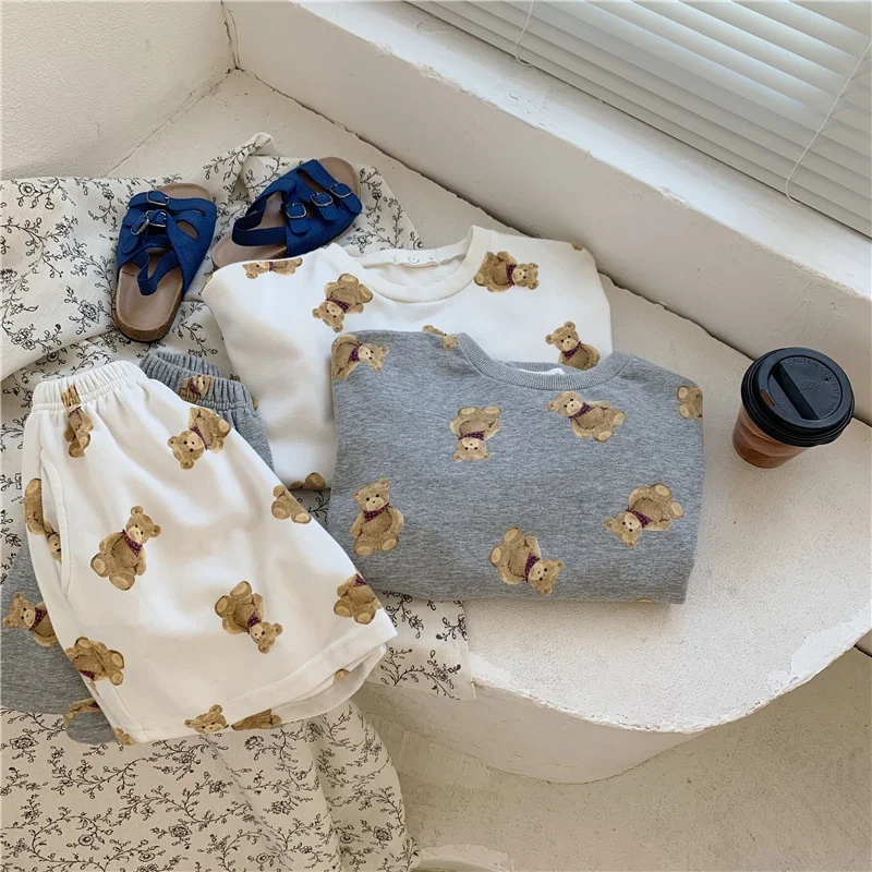 

Korean style boys and girls cute cartoon clothes set fashion cotton long sleeve top and pant unisex kids loose 2pcs suit