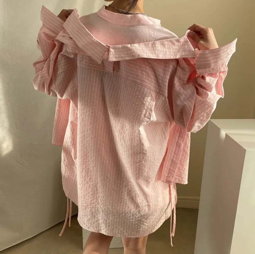 

[SUOOUYA] Women Blouse Bandage Long Sleeve Striped Woman Blouses Shirts Fake Two Asymmetry Loose Casual Women Tops Bloues 2021