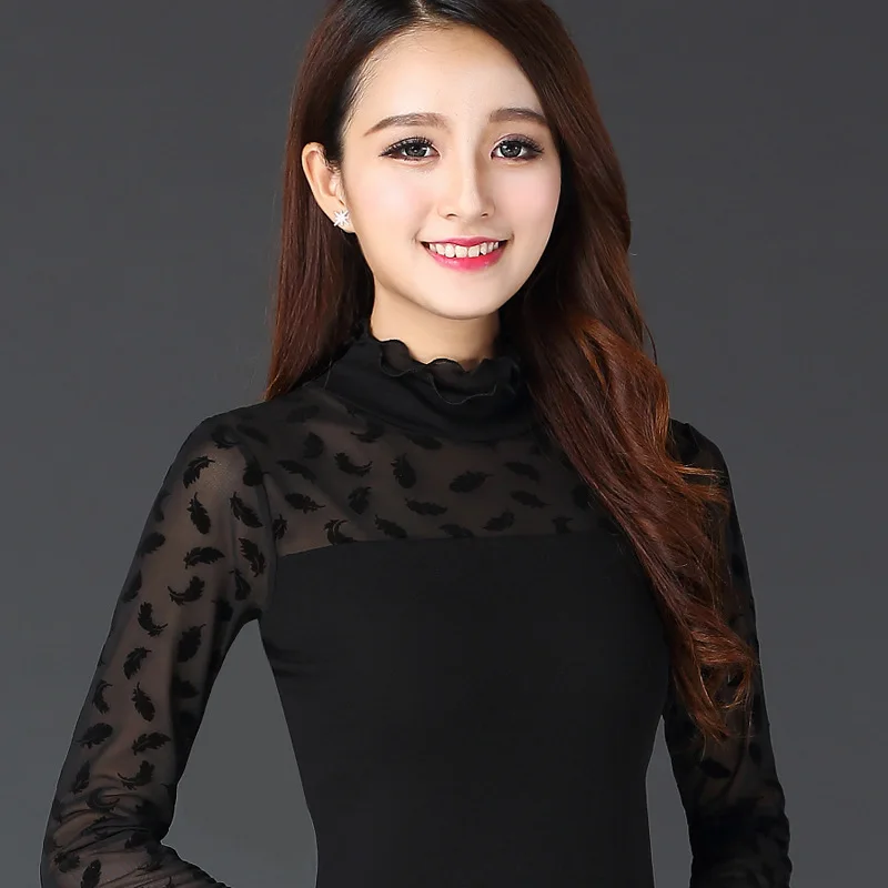 мода футболка Высокий воротник чистая пряжа Сращивание женская Похудение