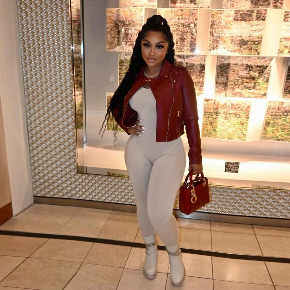 

Женская байкерская куртка из искусственной кожи, с отложным воротником и длинными рукавами