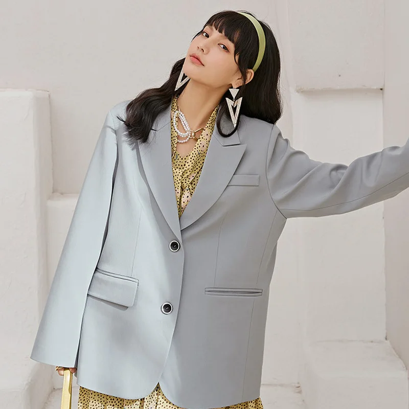 

LANMREM Women Blazer Notched Neck Long Sleeve Loose Fit Jacket Fashion Tide autumn winter 2021 Nearrivals 2E1701