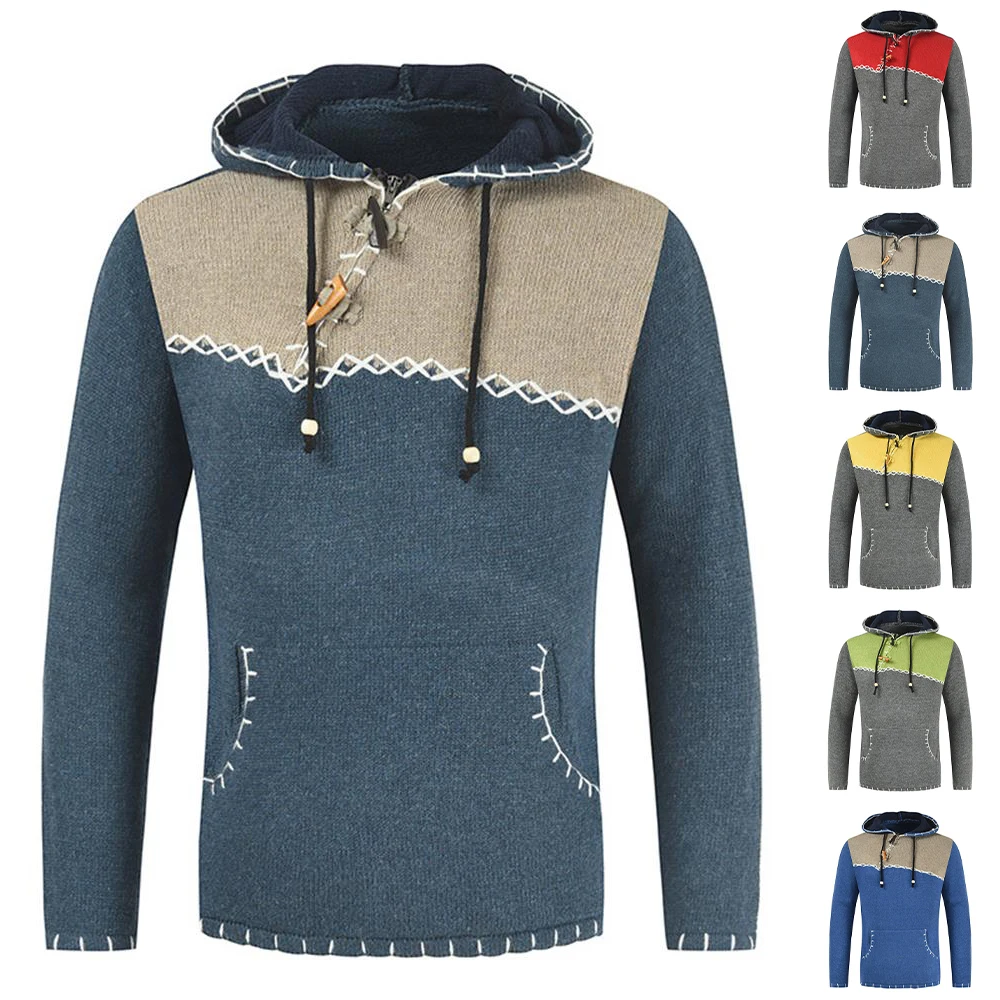 

Свитера контрастных цветов, джемпер в стиле пэчворк, свитер с большими карманами и капюшоном, зимний Повседневный пуловер, вязаные топы, осе...