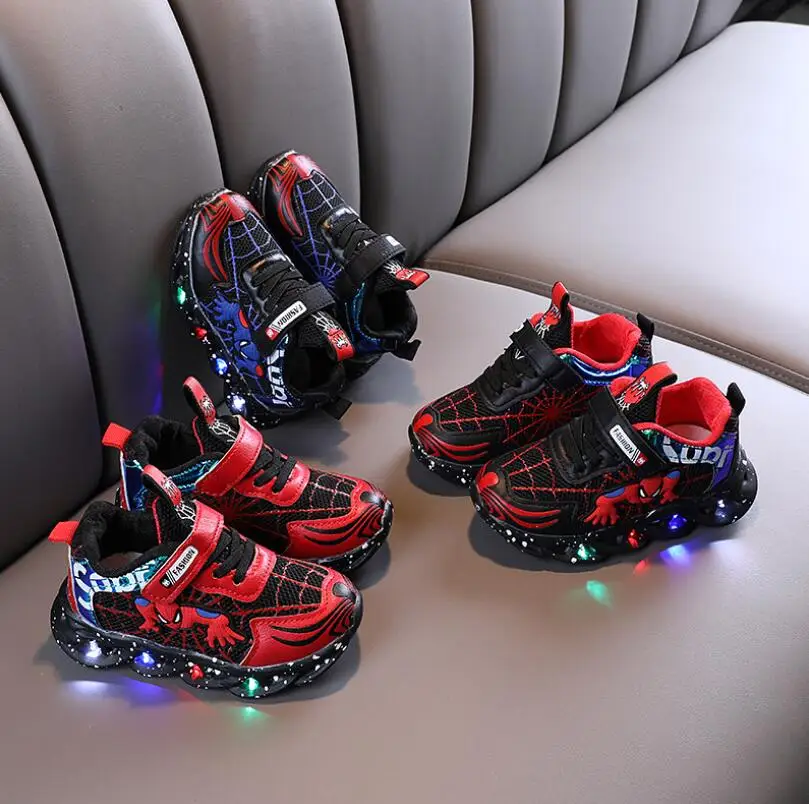 Spiderman Kids Glowing Sneakers with light kids shoes boys girls Luminous Lighted Boys LED Children Shoes | Детская одежда и обувь