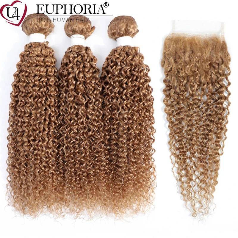 Brazilian Remy Human Hair Blonde Kinky Curly Bundles With Lace Closure 4x4 27 30 33 Brown 3 Bundles With Closure Euphoria