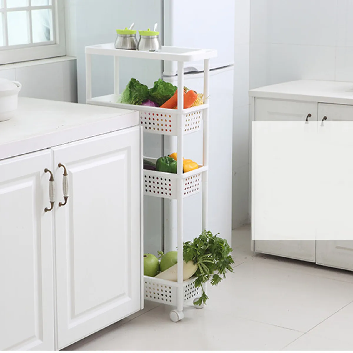 

3/4 Tier Slim Slide Out Gaps Kitchen Storage Rack Shelf Tower Movable Assemble Plastic Bathroom Shelf Wheels Space High Quality