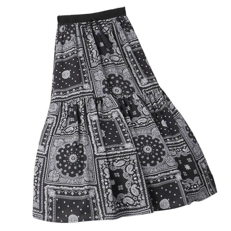 

Skirts Womens Vintage Slim High Waist Chiffon Skirt Ladies Print Splicing Elegant A-Line Skirts Summer Harajuku Midi Skirt Women