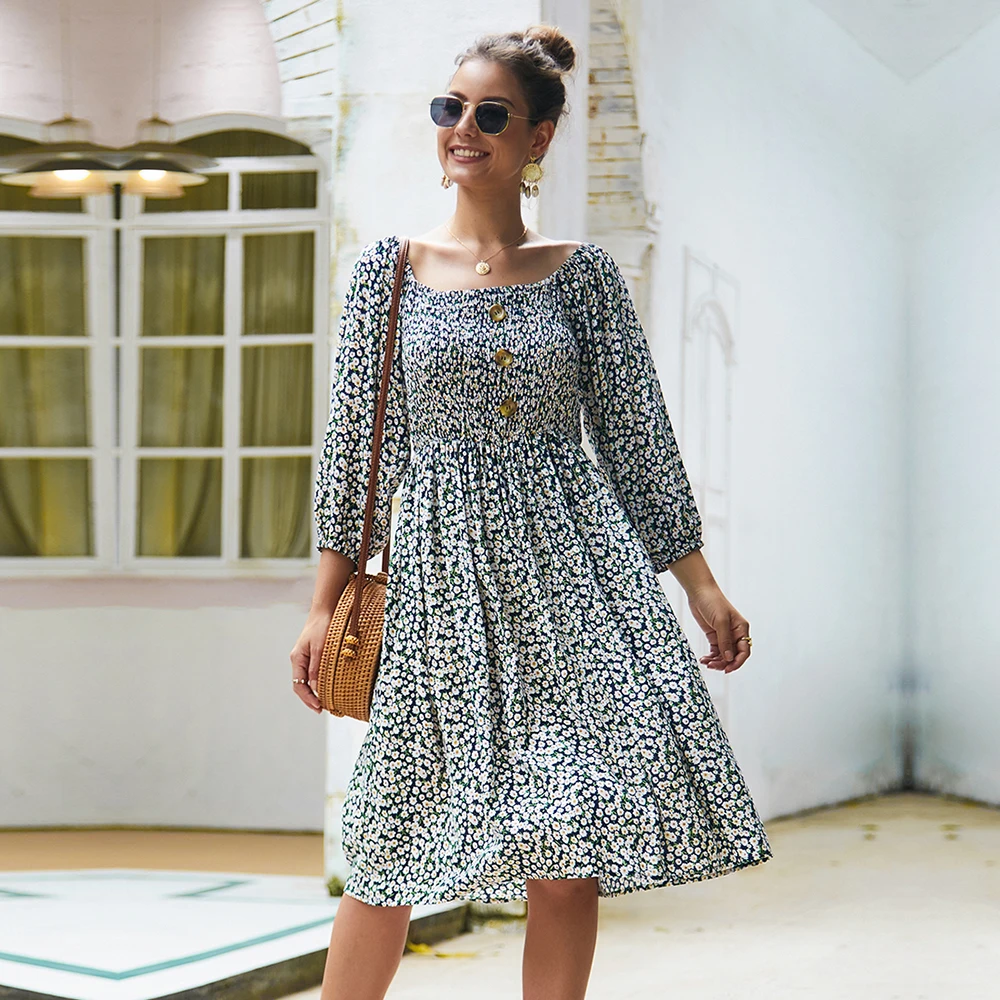 

Ladies Summer Retro Square Collar Floral Print Dress Women 2021 New A-line Cotton Three Quarter Sleeve Elegant Dress