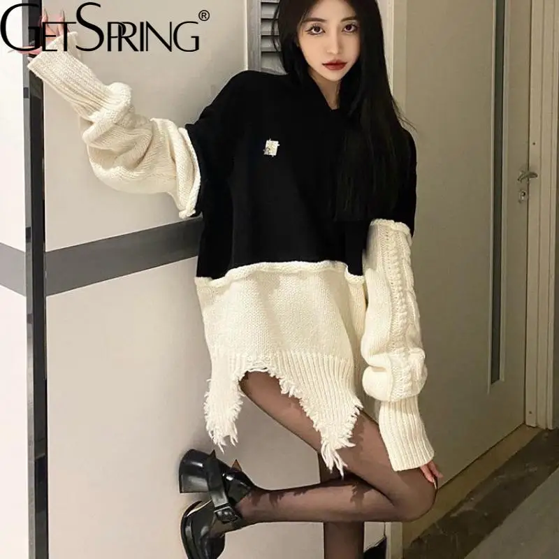 

GetSpring Women Hoodies Hooded Knitted Stitched Irregular Womens Sweatshirt Pullovers Full Sleeve Loose Casual Long Female Tops