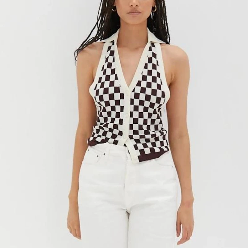 

Fashion crop tops women 2021 Summer vintage clothes for women sexy halter top plaid tank top button up brown top knit