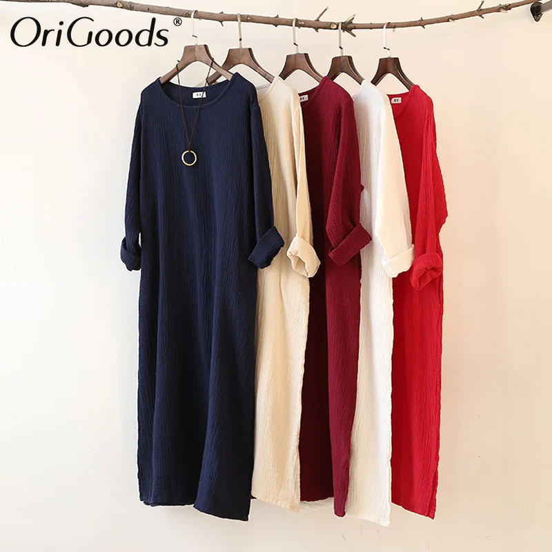 Женское винтажное длинное платье с круглым вырезом и длинным рукавом|knee length