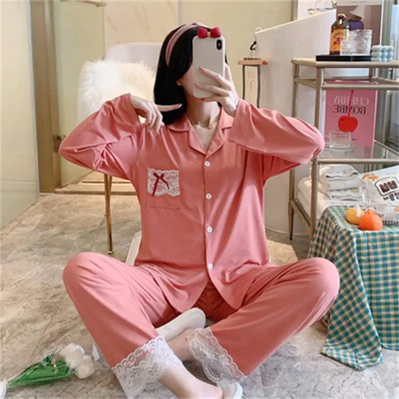 

Pajamas women's spring and autumn 2021 new Korean style lace princess style cotton loose and comfortable pajamas can be worn out