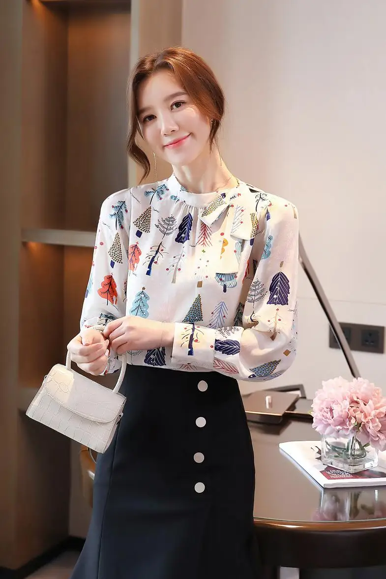

New fashion long sleeve clothing chiffon women tops elegant female printed chiffon blouse korean lady bow chiffon OL shirt