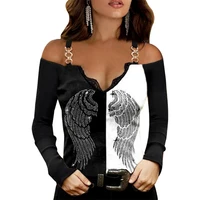 female autumn clothing off shoulder chain strap t shirt tops patchwork wing printed tees v neck vintage goth long sleeve t shirt