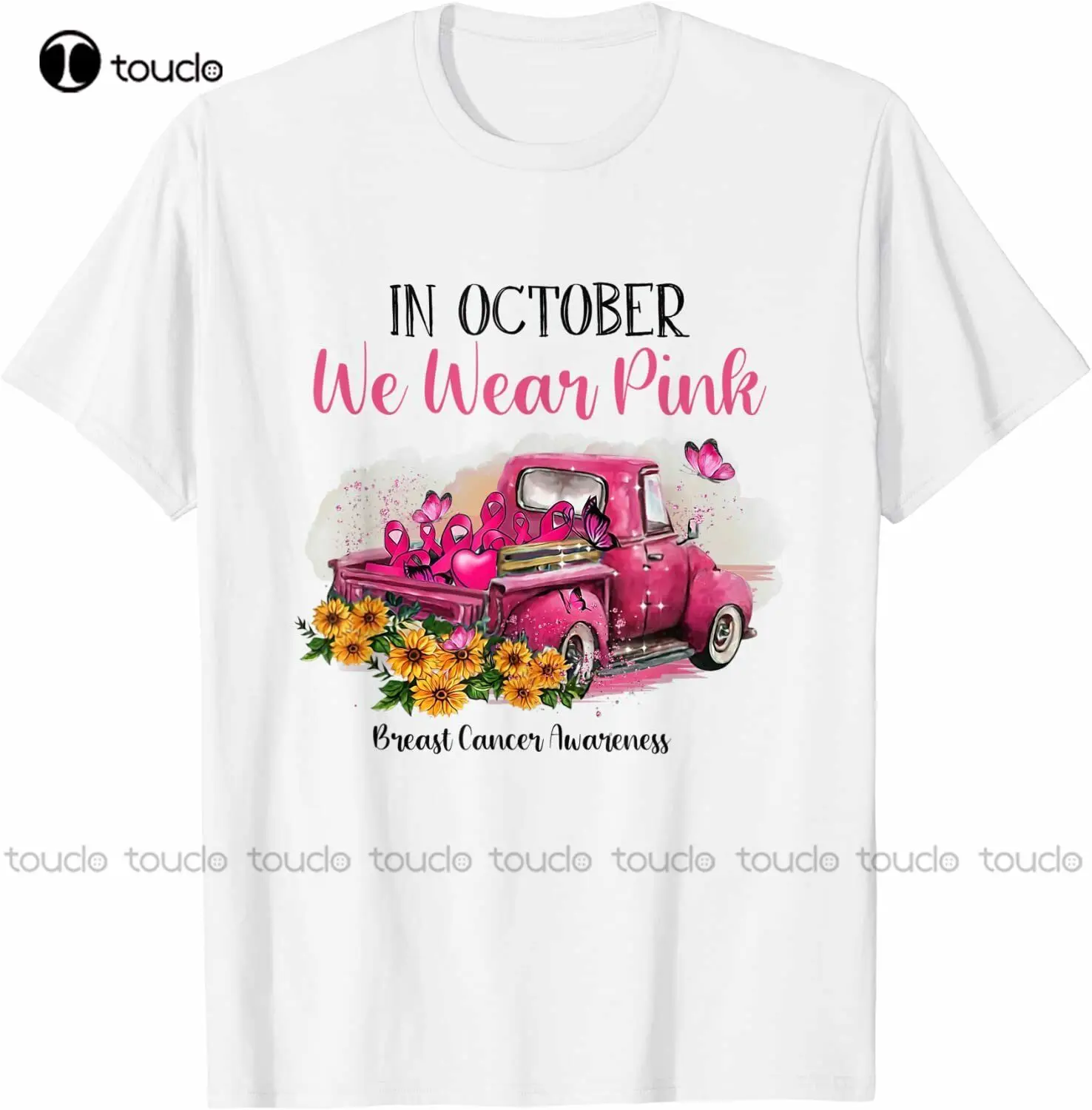 

Ribbon Truck In October We Wear Pink Breast Cancer Awareness T-Shirt Teacher Tshirts Custom Aldult Teen Unisex Fashion Funny New