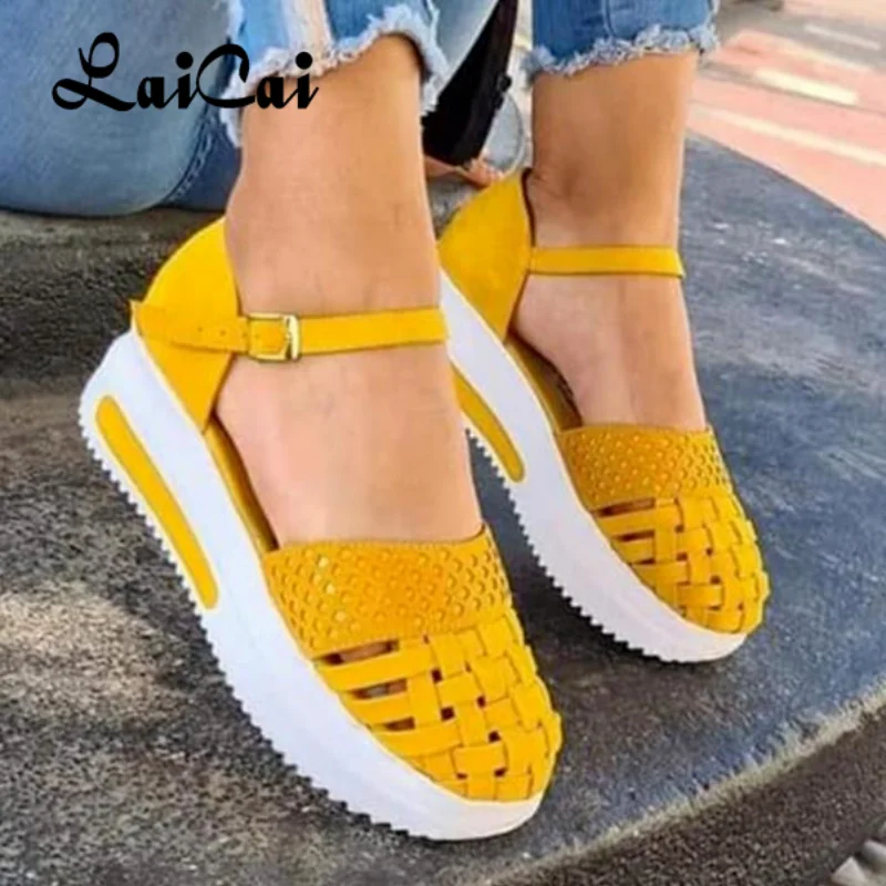 

LaiCai Fashion Women Hollow Out Sandals Summer Flat Heel Sandals Female Casual Sewing Increase Platform Sandals Ladies Sandalias