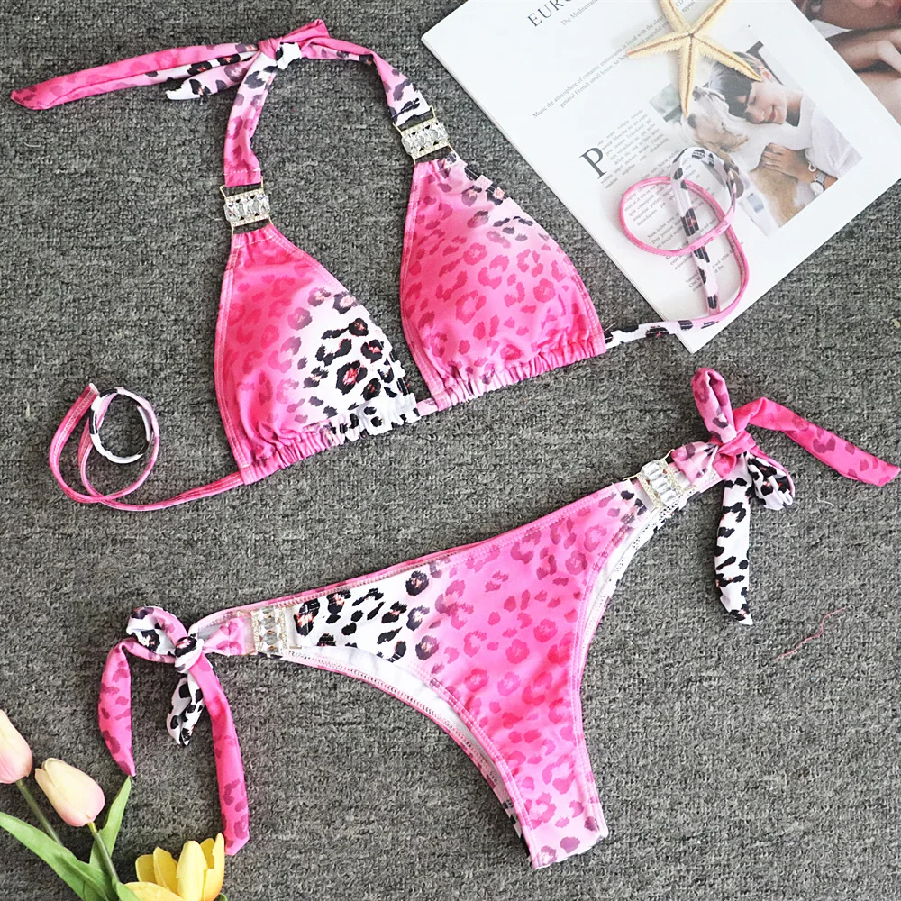 Pink Leopard Print Sexy Halter Bikini 2019 Women's Side Knot bandage Swimsuit New Diamond backless Push Up Suit | Женская одежда