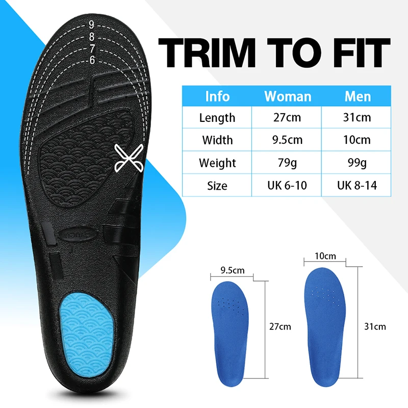 3ANGNI PU Sport Insoles Women Men GEL Pad For Feet Memory Foam Arch Support Relieve Pressure All-Day Sports Soft Light Insoles