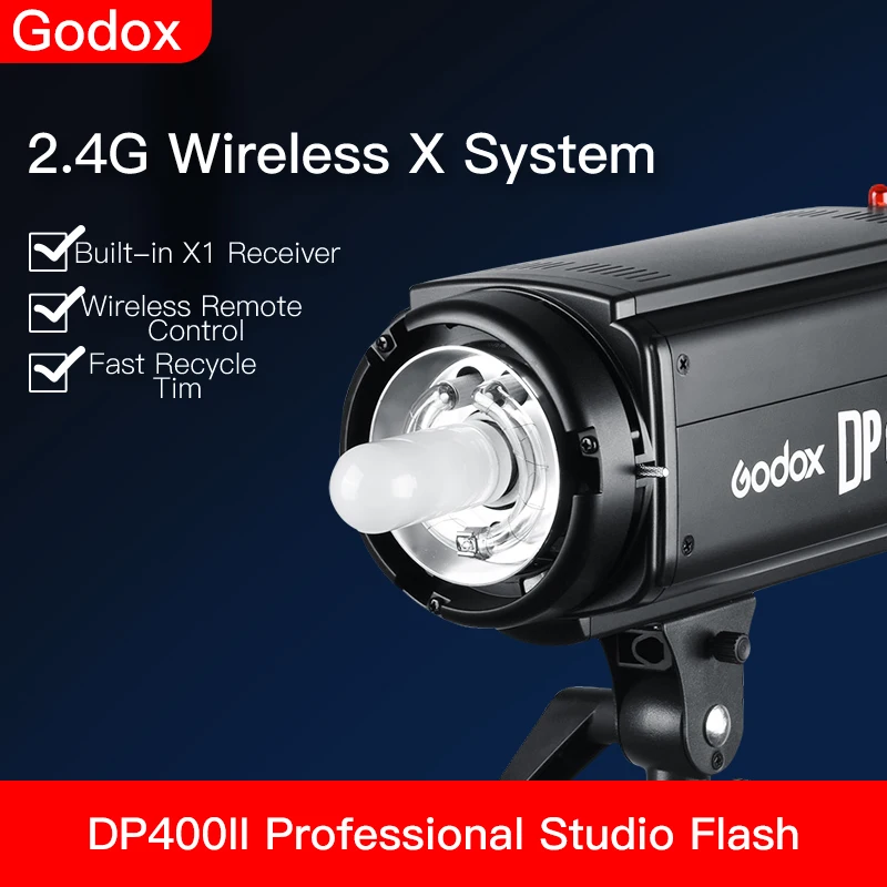 

Профессиональный студийный стробоскоп Godox DP400II 400Ws GN65 со встроенным беспроводным управлением Godox 2,4G X обеспечивает креативную съемку
