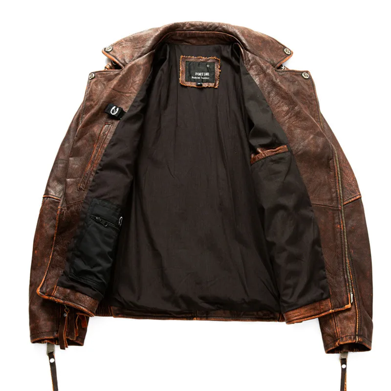 Мужская винтажная байкерская куртка коричневая облегающая из натуральной
