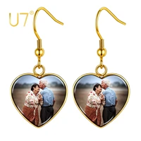 u7 photo earrings gold plated fish hoop personalized picture engraved text heart drop earrings for women wedding jewelry