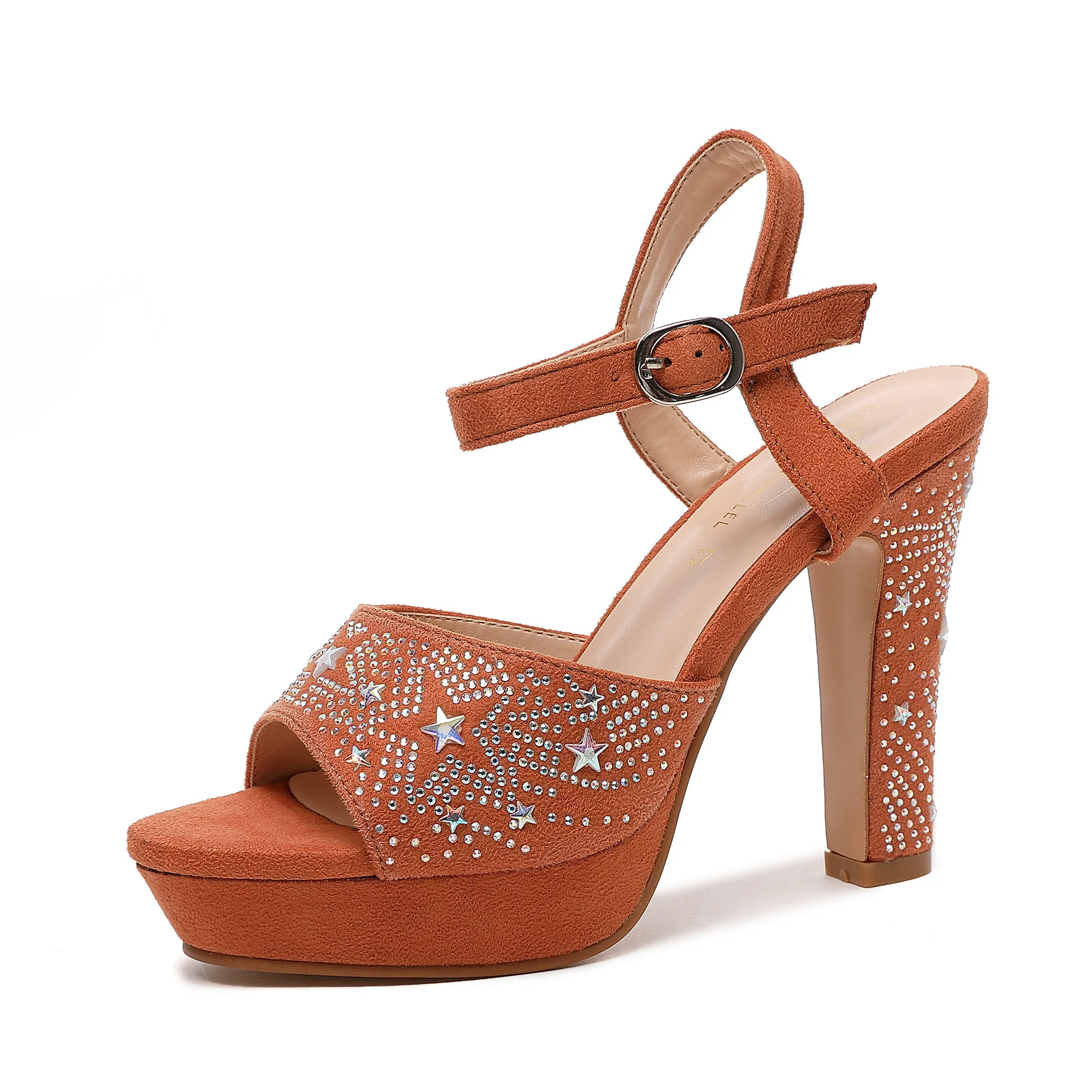 901-5 Black Brown Blue Rhinestone Plaform Sandals Chunky Heels Faux Sude Plus Size 41 42 Ladies Sandals High Heel Pumps Women