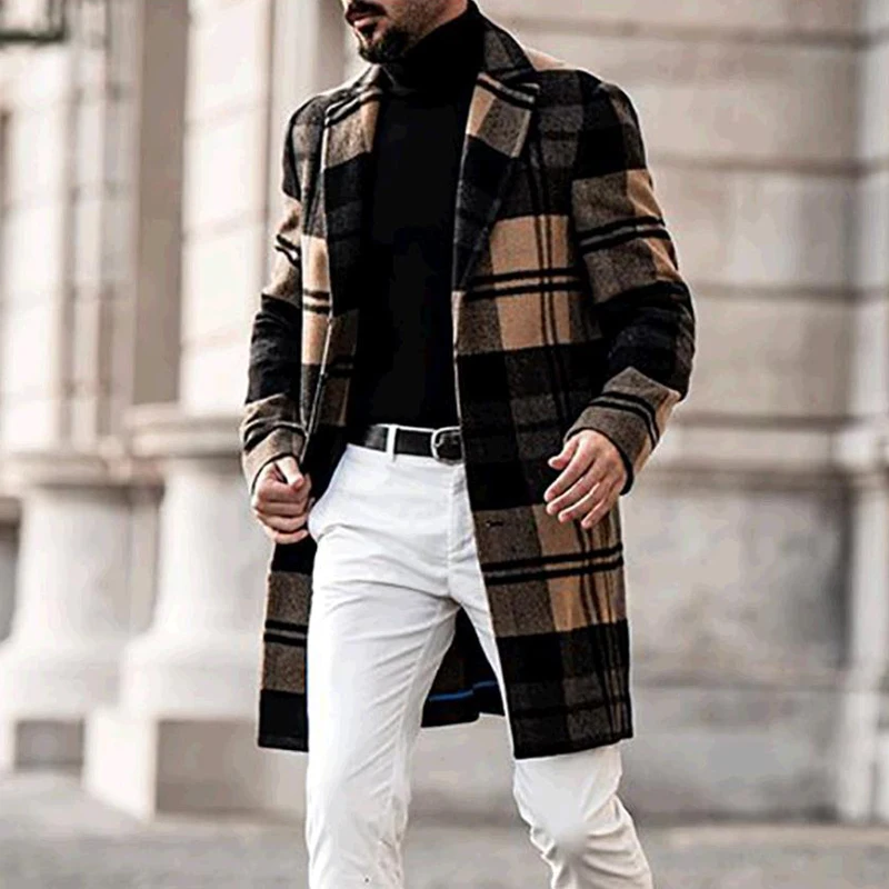 

Retro Lattice Print Mid-length Woolen Coat Jacket Men Casual Turn-down Collar Autumn Outerwear Winter Long Sleeve Loose Cardigan