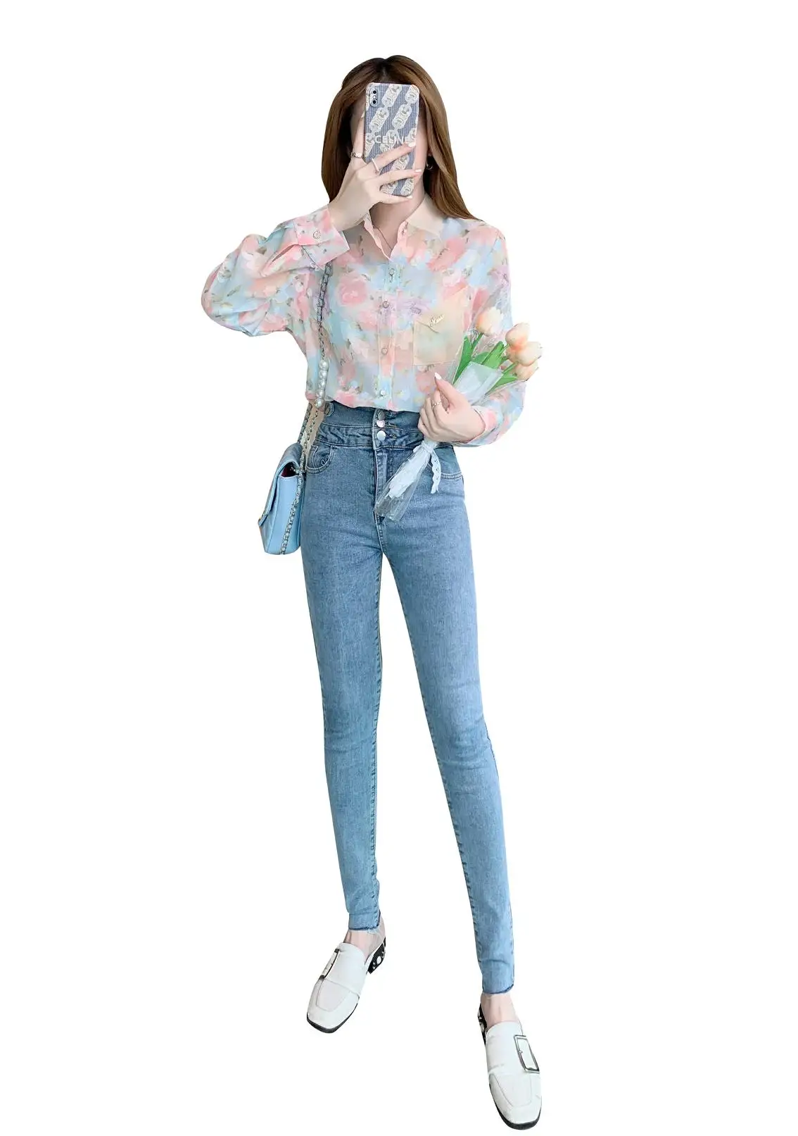 

Organza Floral Chiffon Women Shirt Senior Thin Long Sleeve Office Lady Button Up Shirt Autumn Pink Vintage Ladies Tops
