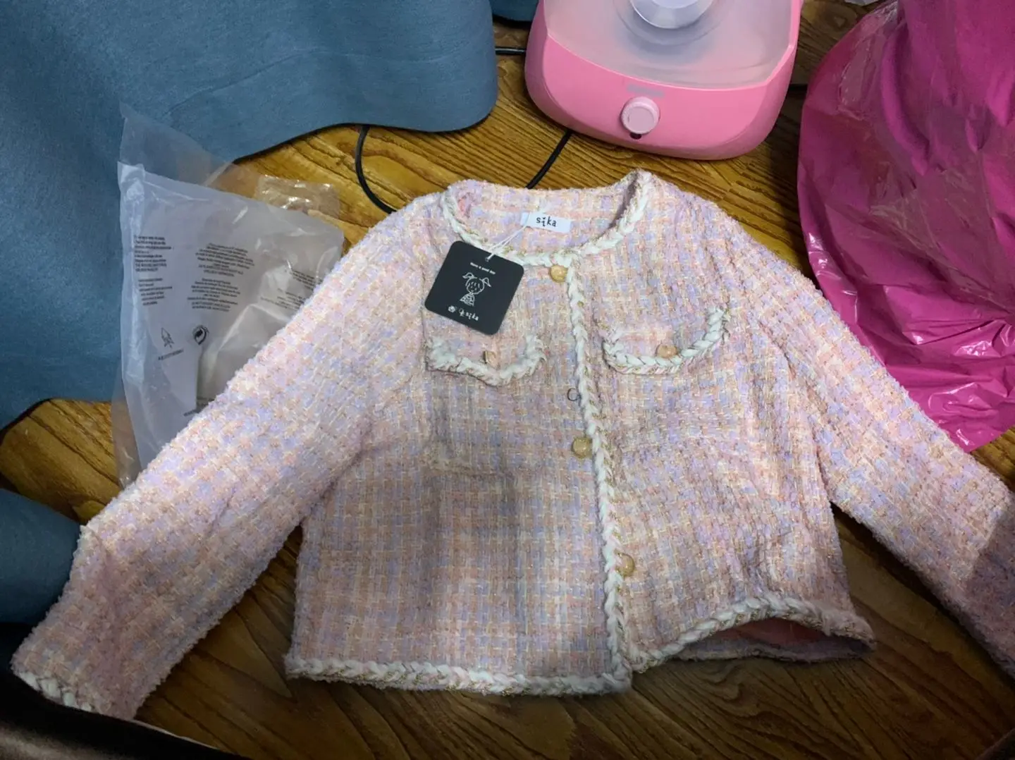 

Warm Overcoat Fashion Tweed Coats With Two Pockets OL Work Wear 2021 Women Pink Plaid Wool Tweed Coat Jacket Casual