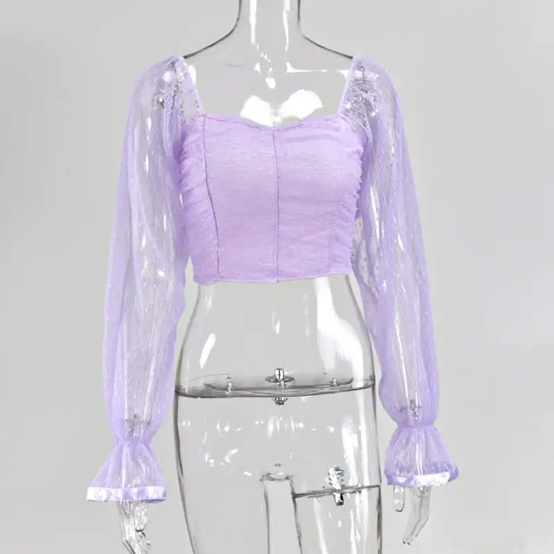 2020 шифоновая блузка в горошек Женская сетчатая рубашка розовые топы Милая