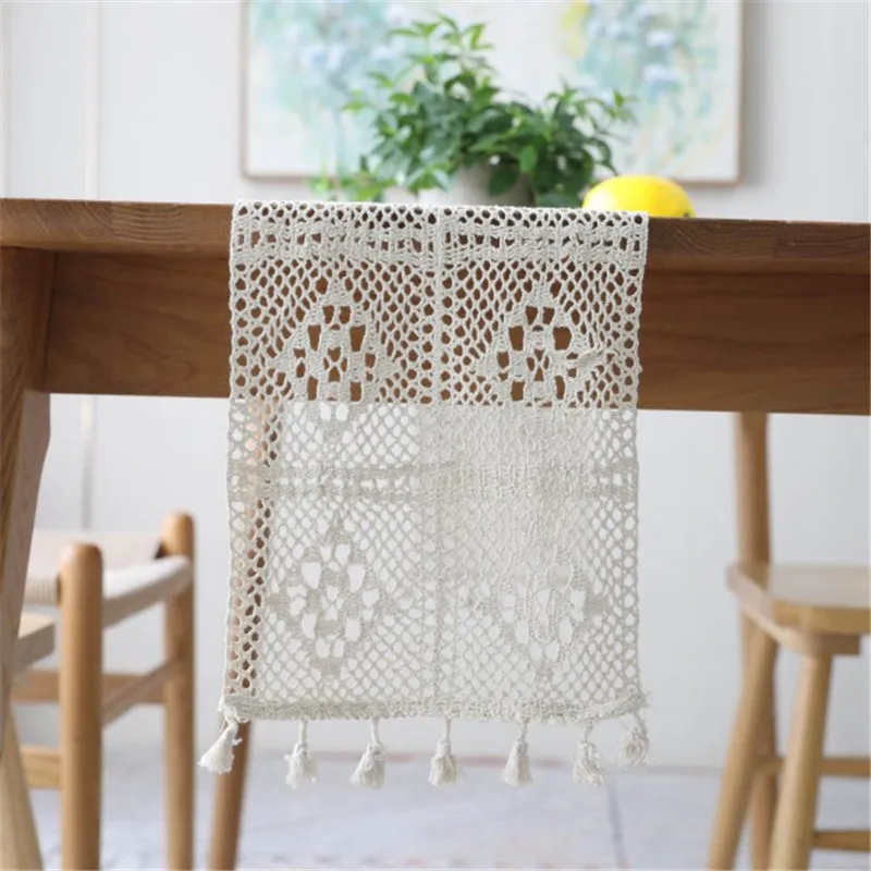 Бежевый вязаный крючком кружевной стол с кисточками из хлопка Свадебный декор