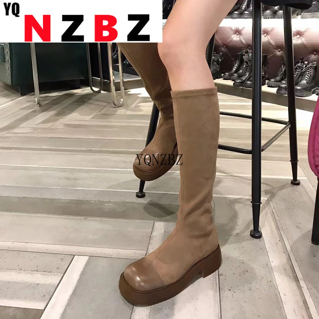 

Elastic Boots Women 2021 Autumn Casual Platform Boots Thick Bottom High Tube Boots Tide Suede Kahaki Shoes Botas Mujer