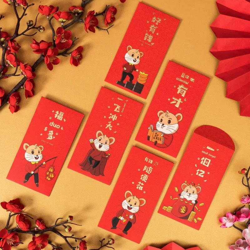 6 шт. Мультяшные красные конверты с изображением крысы новогодний китайский
