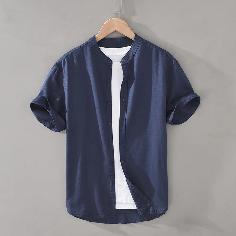 

Men Fashion Top Quality Stand Collar Breathable Cotton Linen Short Sleeve Thin Basic Shirt Japan Simple Business Casual Top Male
