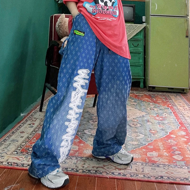 

Street hip hop handsome boyfriend BF neutral letter print wash water jeans straight tube women