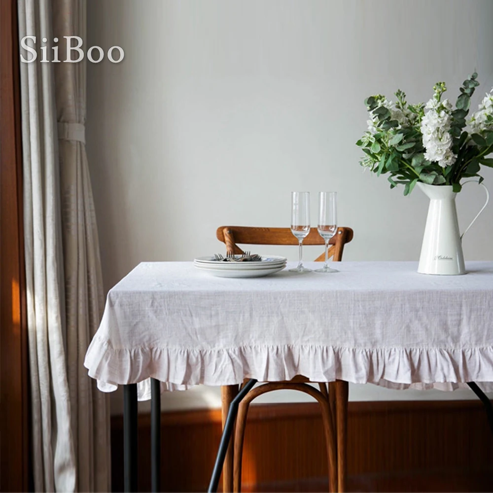 Винтажная скатерть из 100% льна с оборками прямоугольная кремово белая en lin