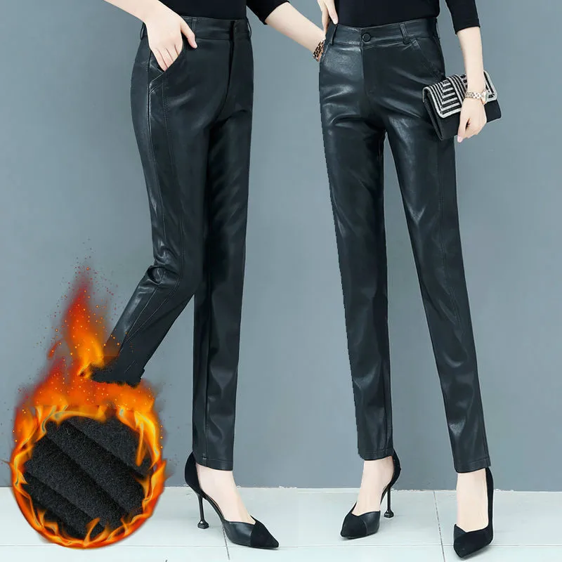 Женские брюки из искусственной кожи с высокой талией эластичные повседневные