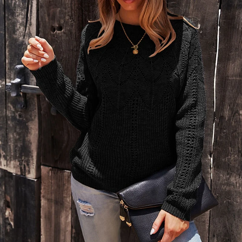 

Women's Long-Sleeved Hollow Sweater Casual Cute Crochet Lace Polka Dot Knit Pullover Round Neck Loose Tops Black S