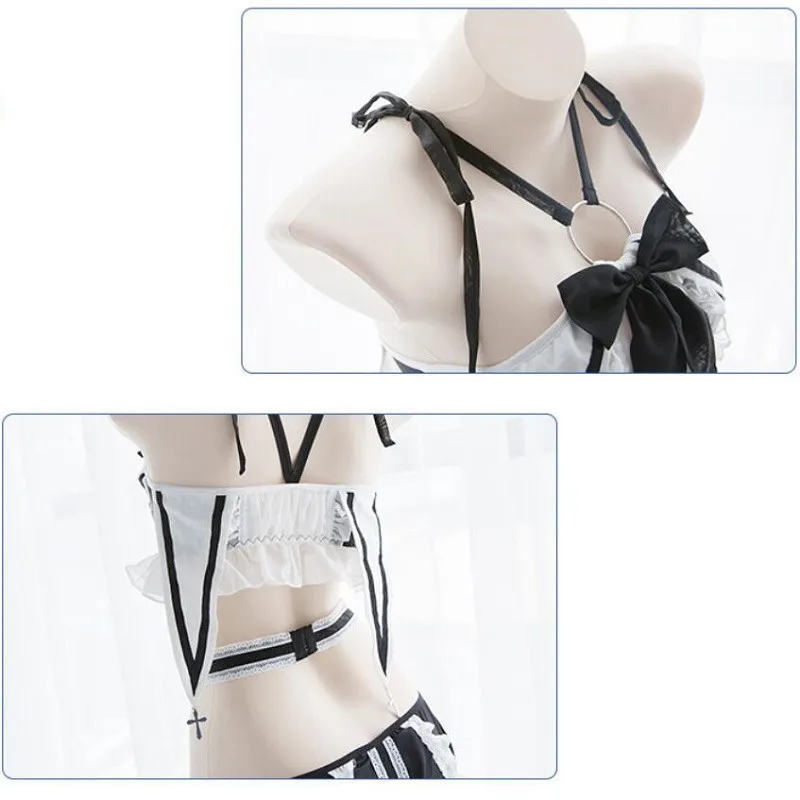 

Sexy School Girl Costume Cute Bow Girl Jumpsuits Lingerie Hollow Out Metal Ring Hanging Neck Kawaii Underwear Set Maid Cosplay