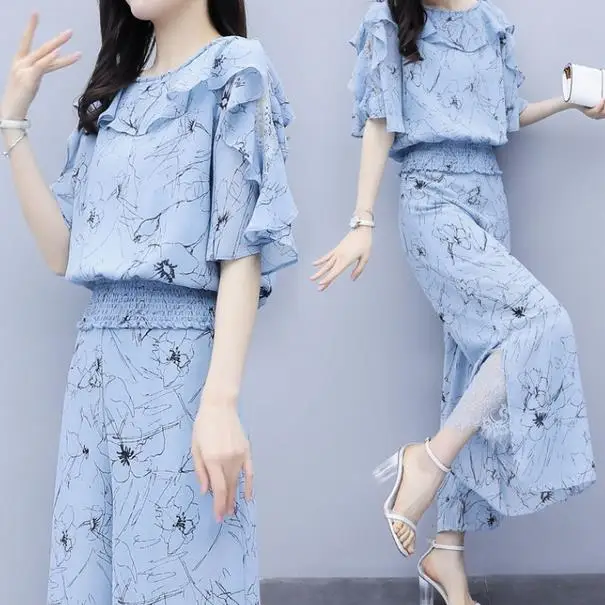 Комплект из двух предметов женская блузка с рюшами и широкие брюки комплекты 2019