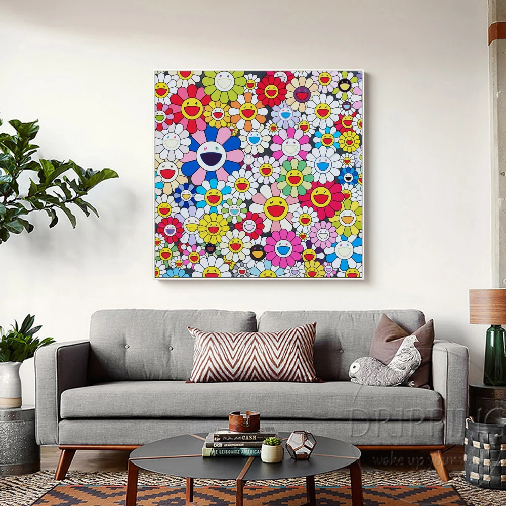 Kopen Mode Muur Art Japanse Kunstenaar Ontwerp Hand Geschilderd Hoge Kwaliteit Moderne Bloemen Olieverf Japanse Glimlach Bloem Olieverf