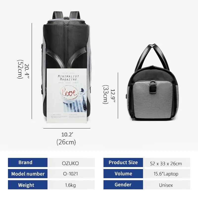 

OZUKO Men's Travel Handbag Large-Capacity Waterproof Reflective Fabric Suit Leather Shoe Pouch Storage Bag Business Luggage Bags