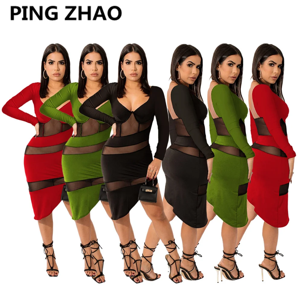 

PING ZHAO Sexy Mesh Sheer Patchwork Mini Dress Women Strap Sleeveless Skinny Bodycon Club Irregular Dress