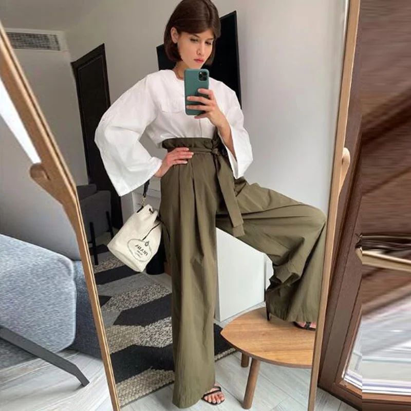 

Casual Bow Tie Bandage Wide Leg Pants High Waist Solid Color Cotton Trousers Women Fashion Elegant 2020 Summer Loose