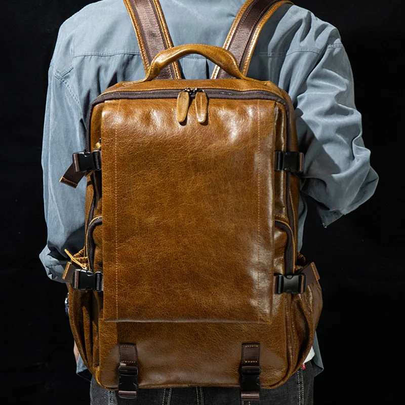 

High-capacity leather backpack, men's casual backpack, leather travel backpack