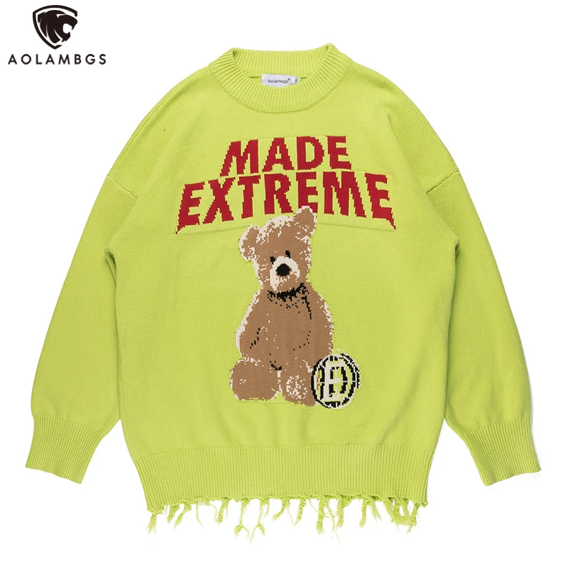 

Мужской свитер с круглым вырезом Aolamegs, вязаный пуловер в стиле Харадзюку С мультяшным медведем и кисточками, Осень-зима 2019