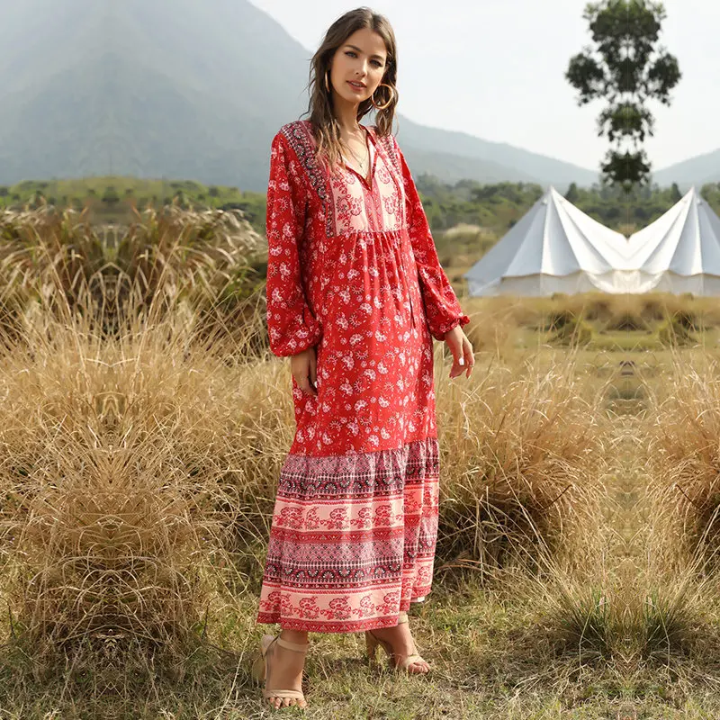 

Женское платье с длинным рукавом, Элегантное Длинное Платье до щиколотки с богемным принтом и V-образным вырезом, Новинка лета 2021