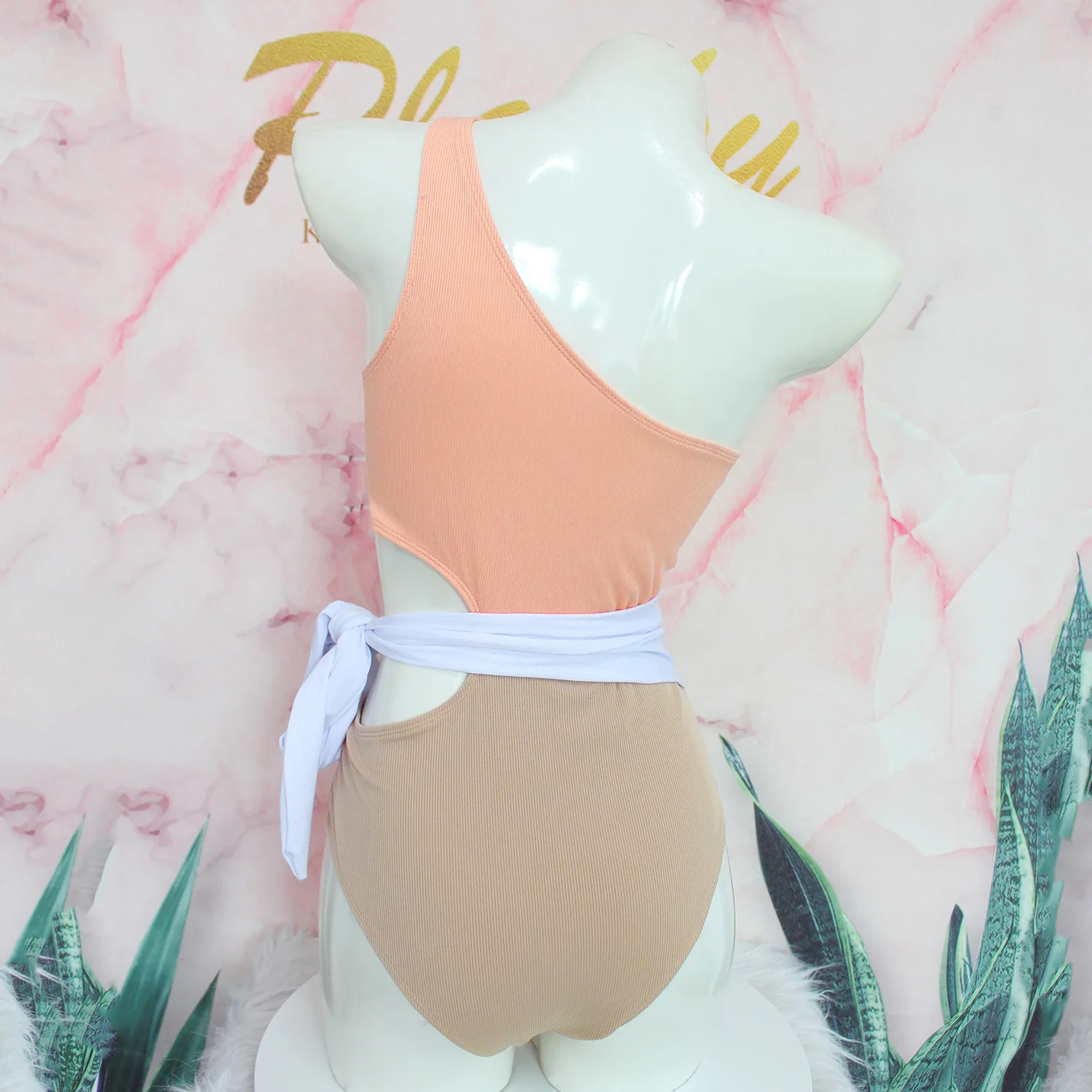 

Ribbed High Waist One Shoulder Swimsuit Women Sexy Cut Out Bandage Belt One Piece Swimwear Swim Wear Bath Suit 2021 Monokini